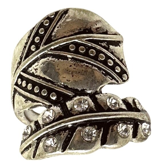 Boho Chic Leaf Motif Wrap Ring Distressed Silver Tone Rhinestones Whimsy Fairy - Picture 4 of 10